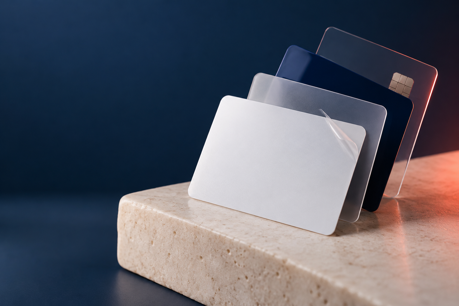 A fan of white, frosted, navy and clear plastic card samples